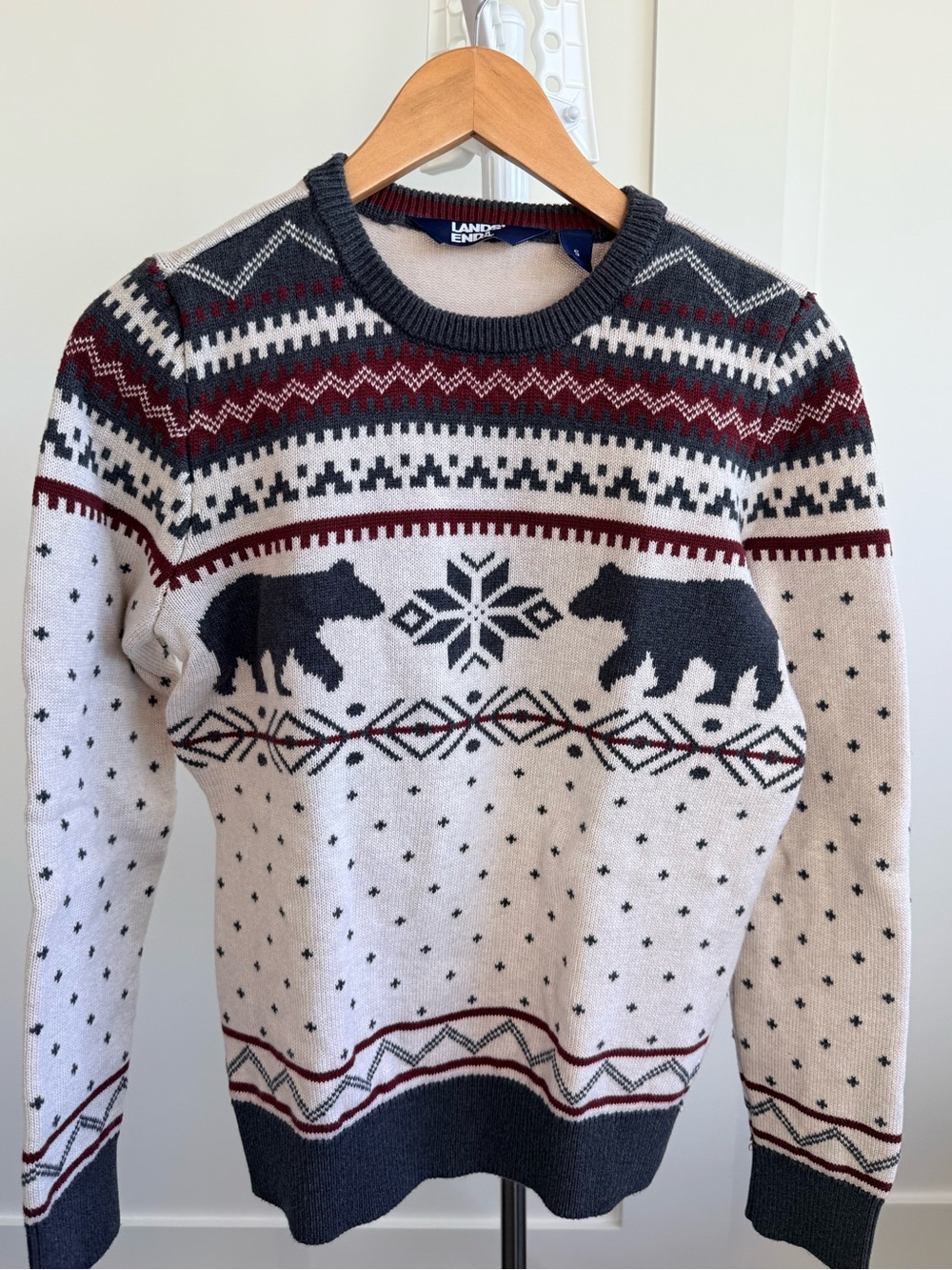 Lands' End Cream Crewneck Sweater with Navy Bear Fair Isle Motif